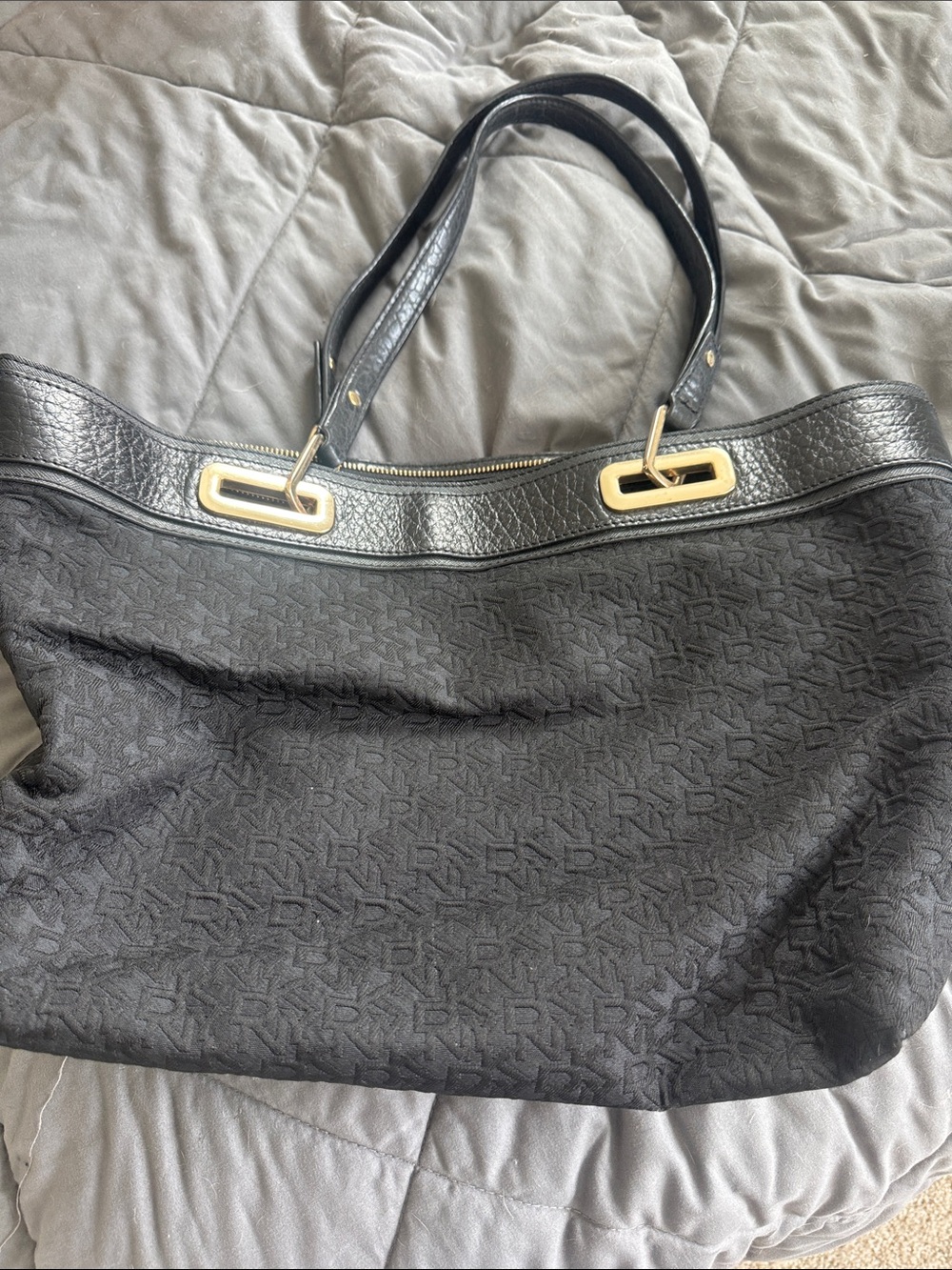 DKNY Black Monogram Tote with Gold-Tone Accents